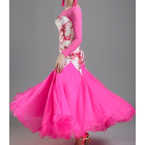 White with pink ballroom dance dress for women girls floral tango waltz foxtrot smooth dance dress for ladies 